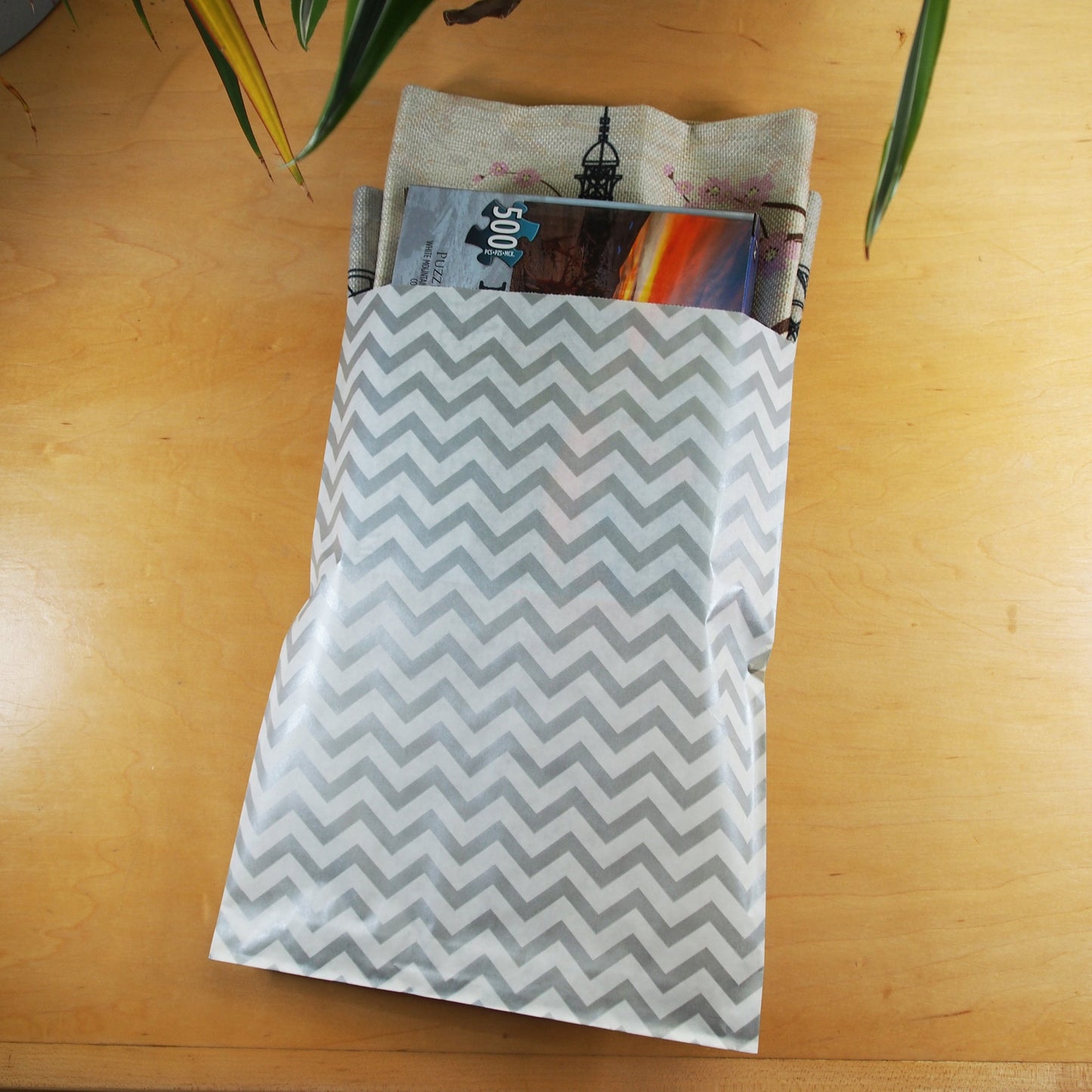 Silver Chevron Pattern on White Kraft Decorative Flat Paper Gift Bags