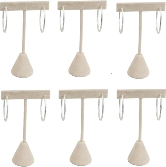 6-Pack 4.75" Tall – Beige Faux-Suede Free-Standing Earring T-Stand Display – T-Shape for Business Home Sales Showroom and Tradeshow – Pre-drilled