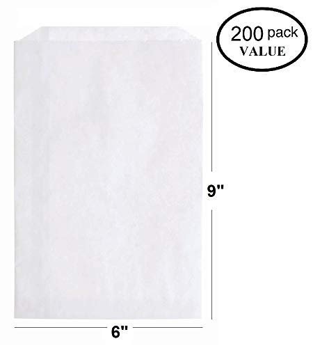 N'ice Packaging 200 White Flat Paper Bags Good for Candy, Cookies, Small Gift, Crafts, Party Favor, Sandwich, or Merchandising - no Gussett (White, 6" x 9")