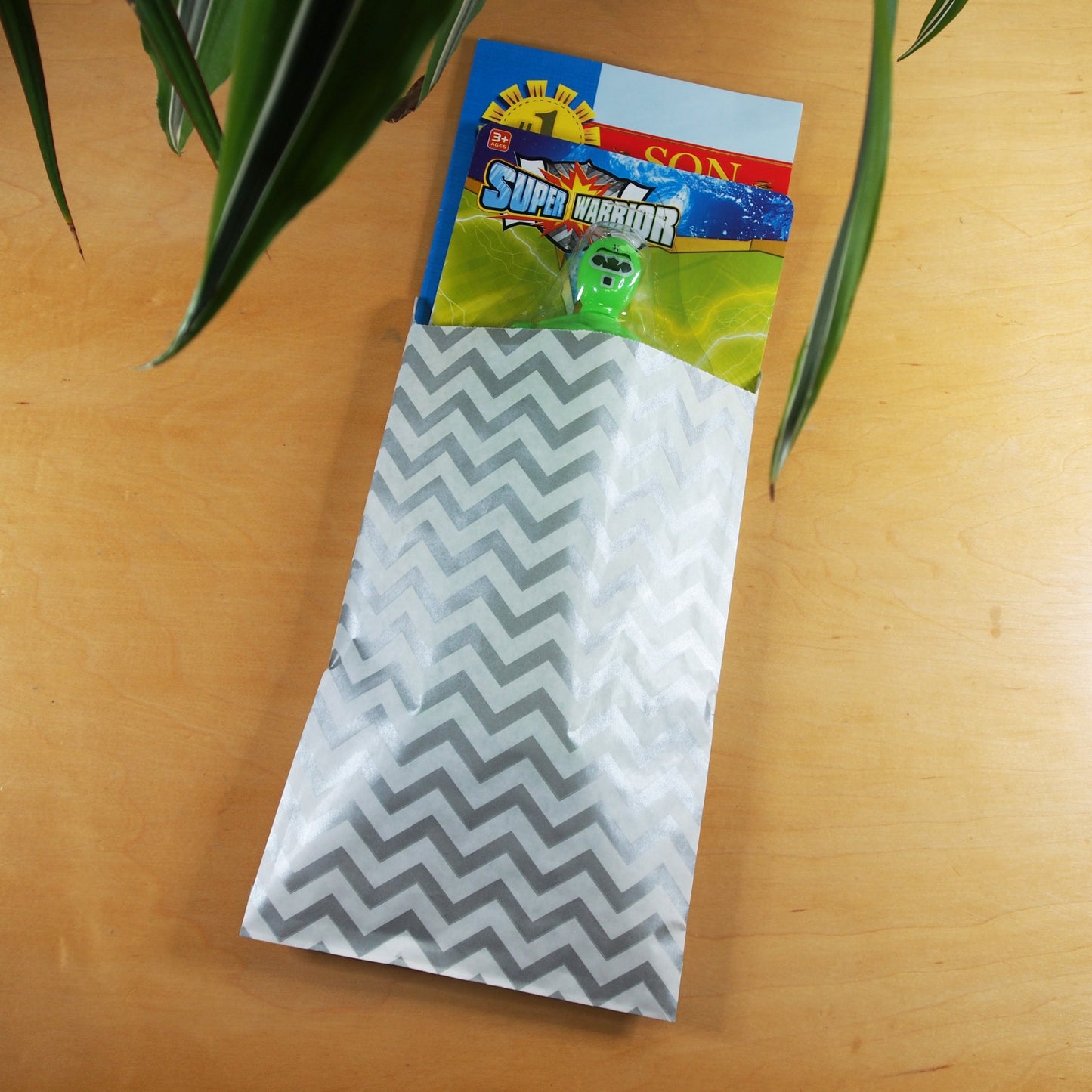 Silver Chevron Pattern on White Kraft Decorative Flat Paper Gift Bags