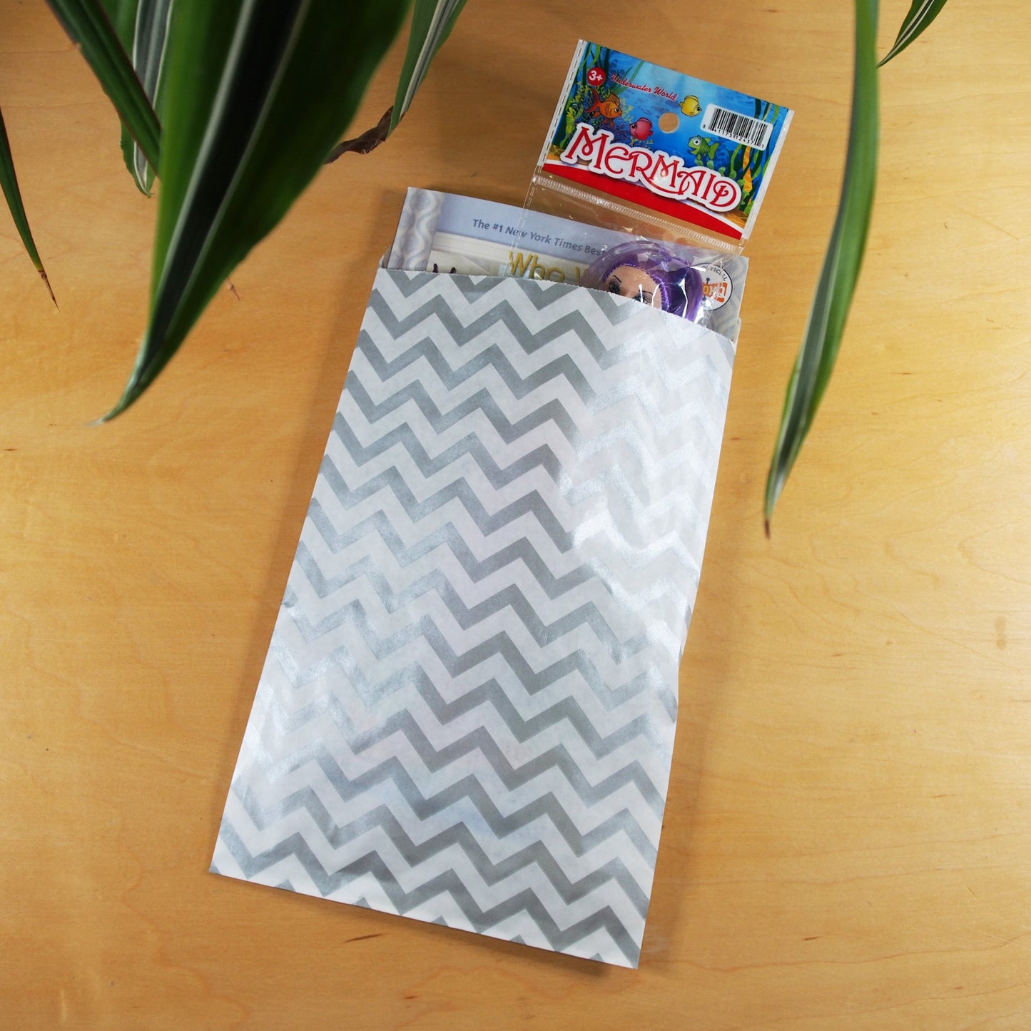 Silver Chevron Pattern on White Kraft Decorative Flat Paper Gift Bags