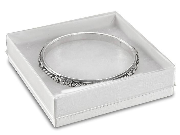 3 1/2" x 3 1/2" x 7/8" White-Swirl Cotton Filled Boxes with Plastic Clear Tops