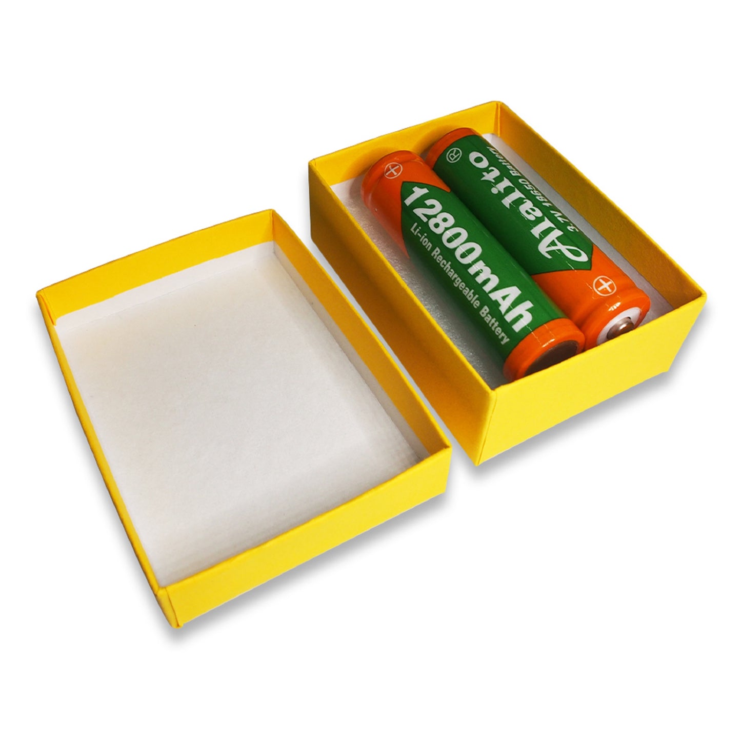 Small Yellow Kraft Cotton Filled Box with two batteries inside