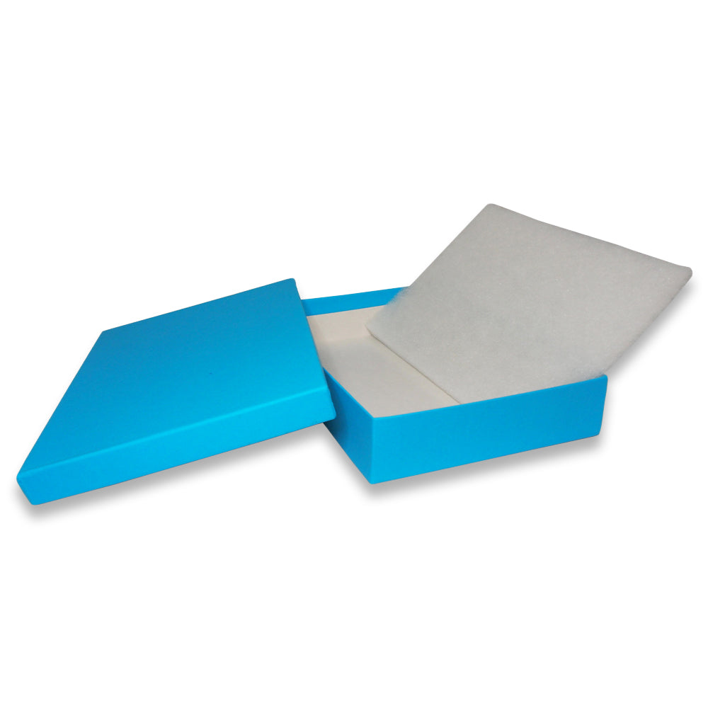 Light Blue Cotton Filled Boxes opened up with cotton filling insert partially removed