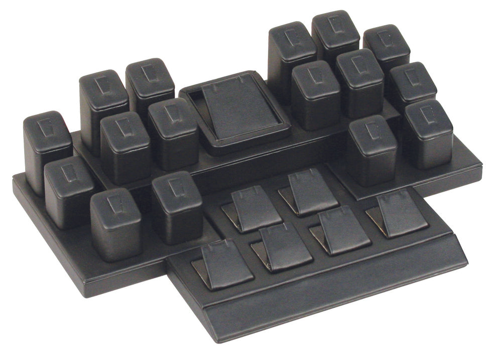 Black Leatherette 16-Ring & 7 Earring/Pendant Jewelry Display Set with Base