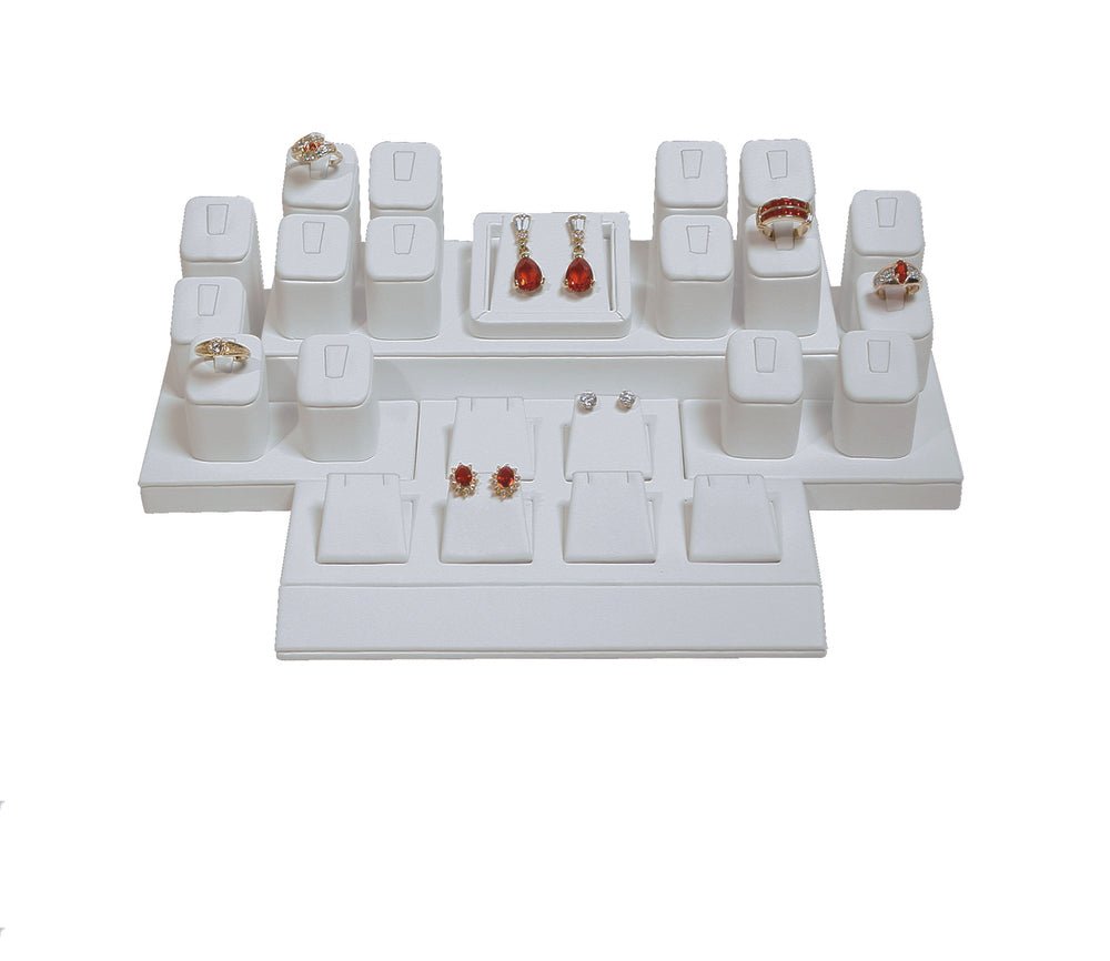 White Faux Leather 16-Ring & 7 Earring/Pendant Jewelry Display Set with Base