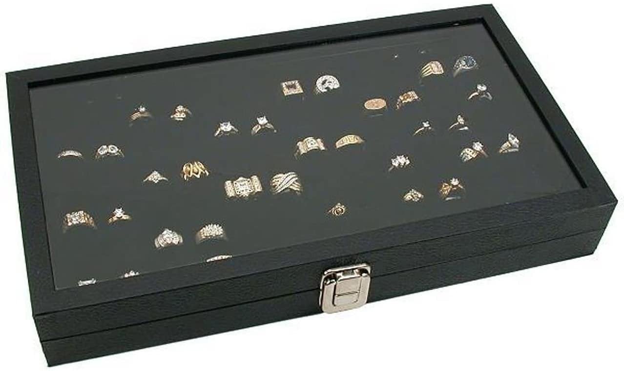 Glass Top Black Jewelry Display Case 72 Slot Compartment Ring Tray