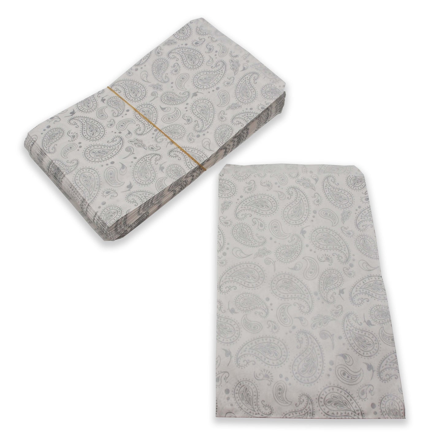 Fancy Silver Paisley Pattern on White Kraft Flat Gift Bags - For Sales/Treats/Parties Cookies/Gifts