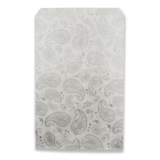 Fancy Silver Paisley Pattern on White Kraft Flat Gift Bags - For Sales/Treats/Parties Cookies/Gifts