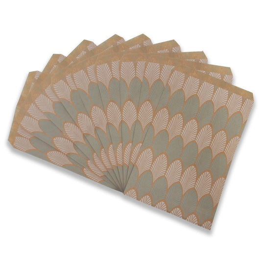 Baby-Blue Leaf Pattern on Natural Kraft Flat Bags - Decorative Flat Paper Gift Bags