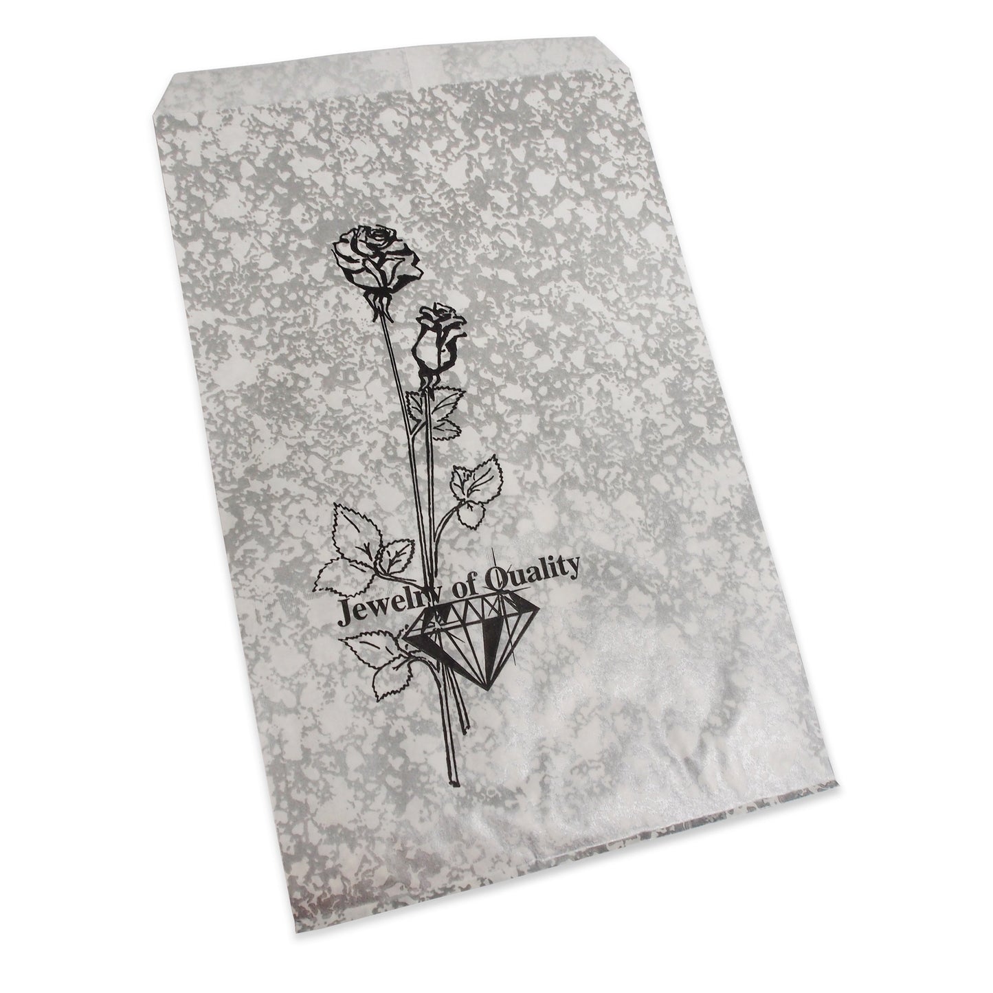 200 Qty 6" x 9" Decorative Flat Paper Gift Bags - Silvertone Static Pattern Bags w/Black Flower - for Sales/Treats/Parties Cookies/Gifts - N'icePackaging