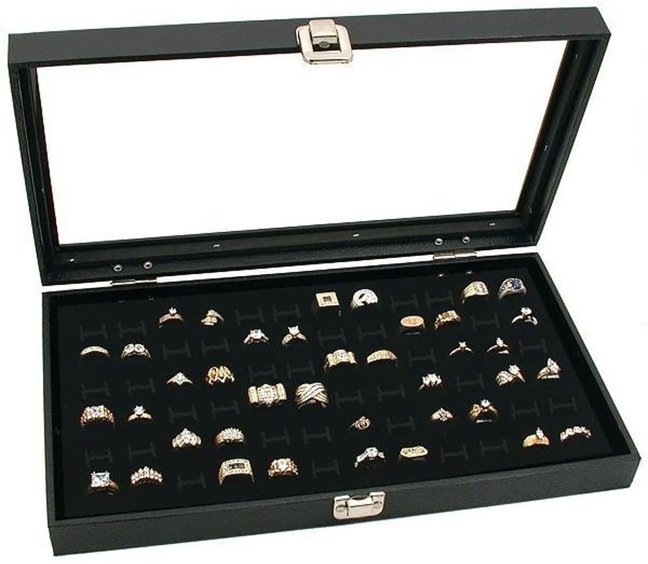 Glass Top Black Jewelry Display Case 72 Slot Compartment Ring Tray