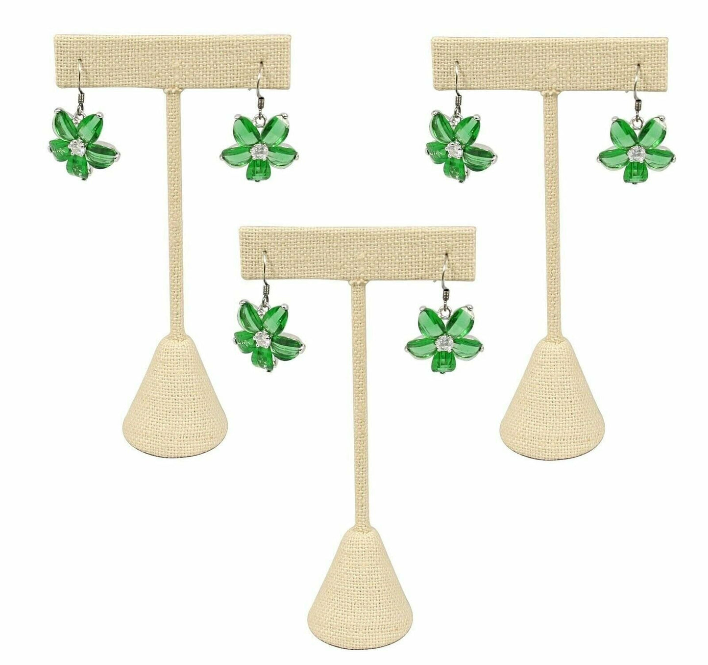 3 Beige Linen Earring T Stand Showcase Displays 4.75"