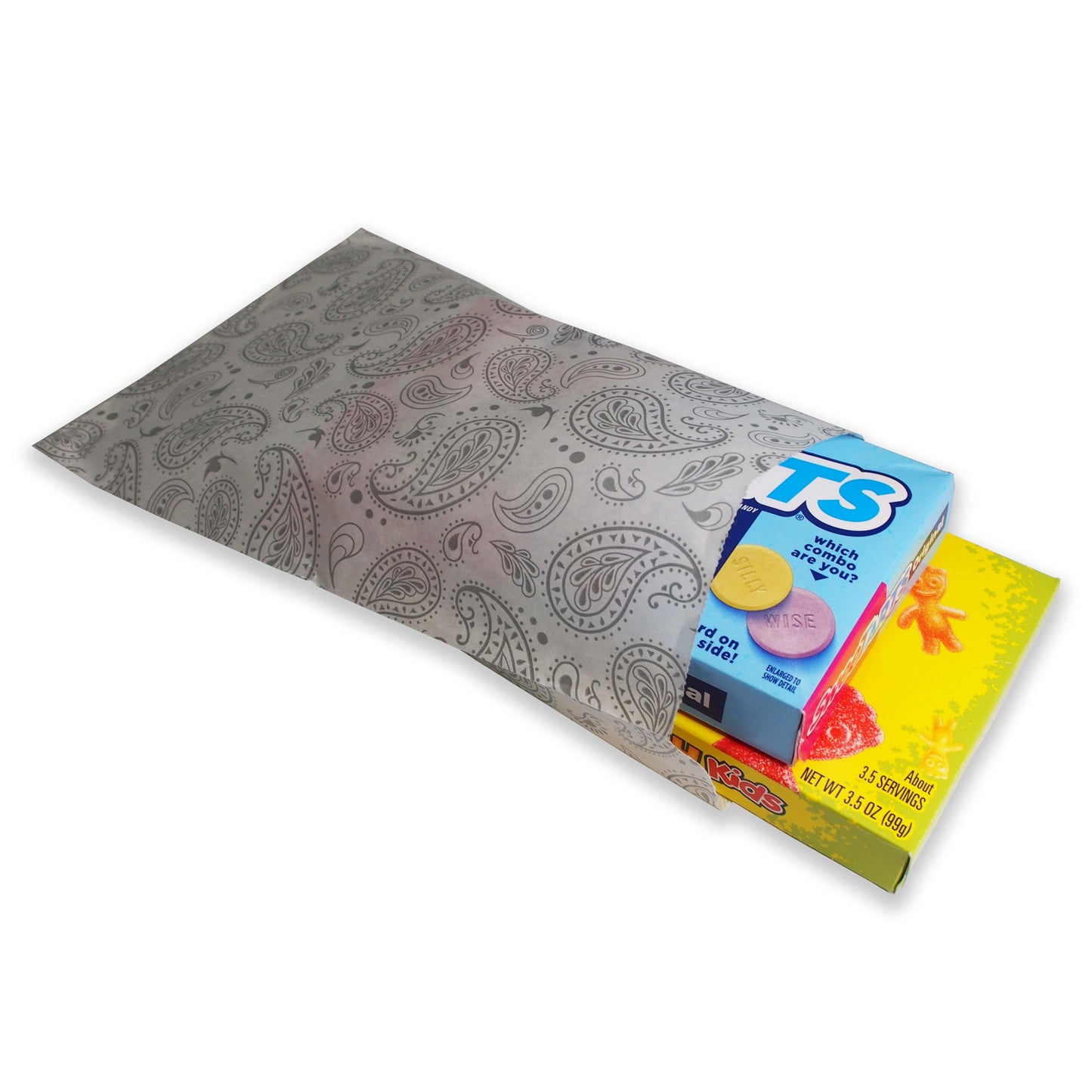 Fancy Silver Paisley Pattern on White Kraft Flat Gift Bags - For Sales/Treats/Parties Cookies/Gifts