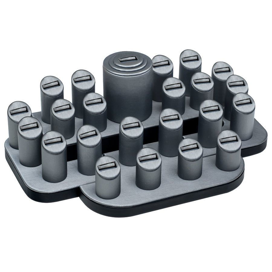 Steel Grey Faux Leather 23-Ring Slot Jewelry Display with Riser Base