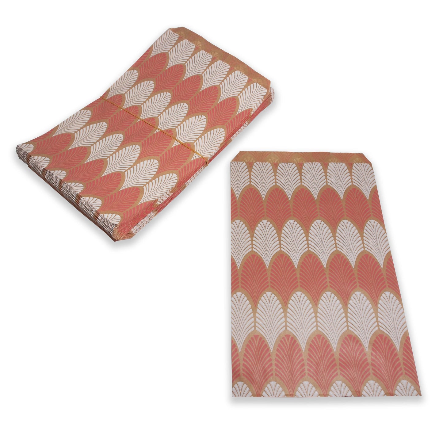 Flamingo-Pink Leaf Pattern flat paper bags. Great for parties, businesses, giveaways, and more.
