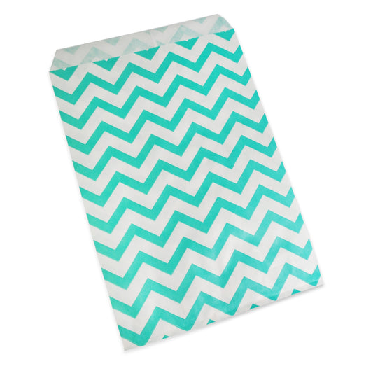 Teal Blue Chevron Pattern Flat Paper Bags on White Kraft Bags