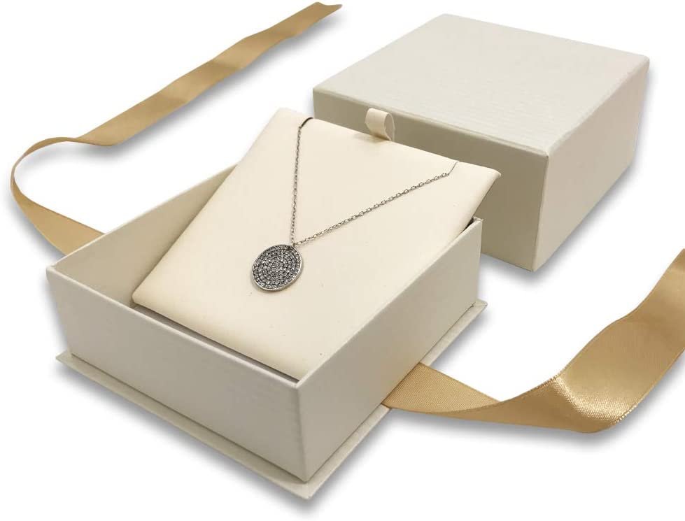 N'icePackaging - 1 Qty Elegant 2-Piece Ivory Pinstripe Pendant Jewelry Gift Box w/ Cream Insert a pre-affixed Light Golden Ribbon