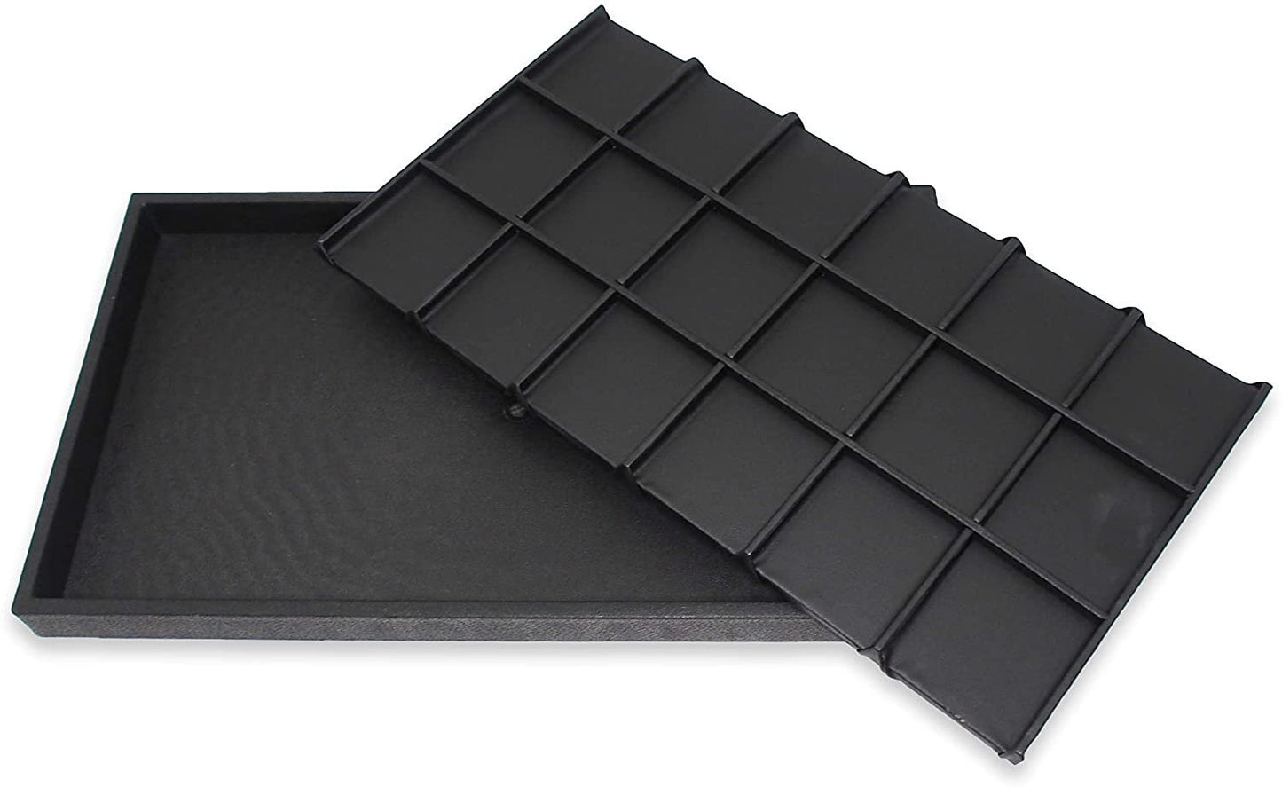 N'icePackaging 18 Compartment Black Leatherette Sorting Tray with Free-standing Black Plastic Display Tray For Sales / Showcase / Home / Store Use - 14.75" x 8.25" x 1"
