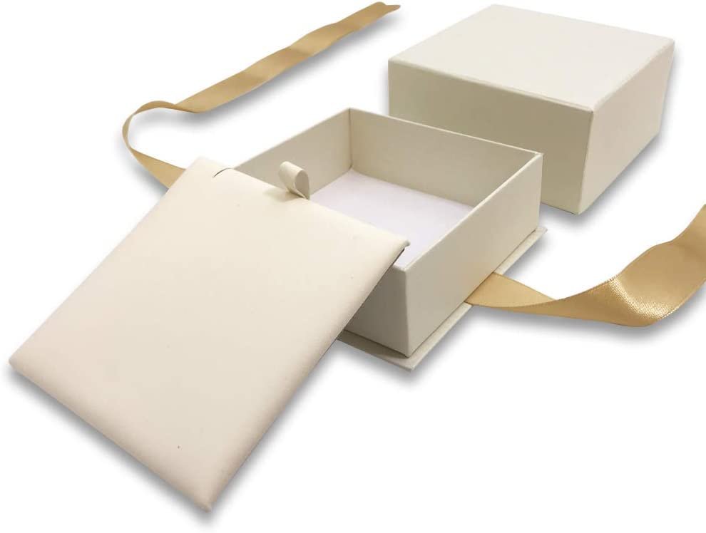 N'icePackaging - 1 Qty Elegant 2-Piece Ivory Pinstripe Pendant Jewelry Gift Box w/ Cream Insert a pre-affixed Light Golden Ribbon