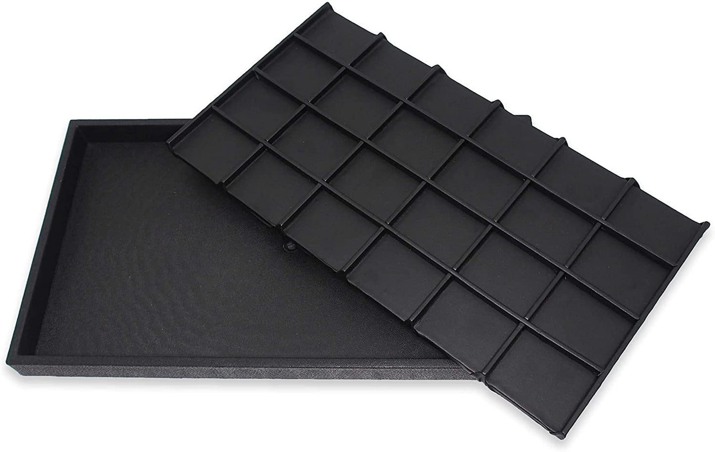 N'icePackaging 24 Compartment Black Leatherette Sorting Tray with Free-standing Black Plastic Display Tray For Sales / Showcase / Home / Store Use - 14.75" x 8.25" x 1"