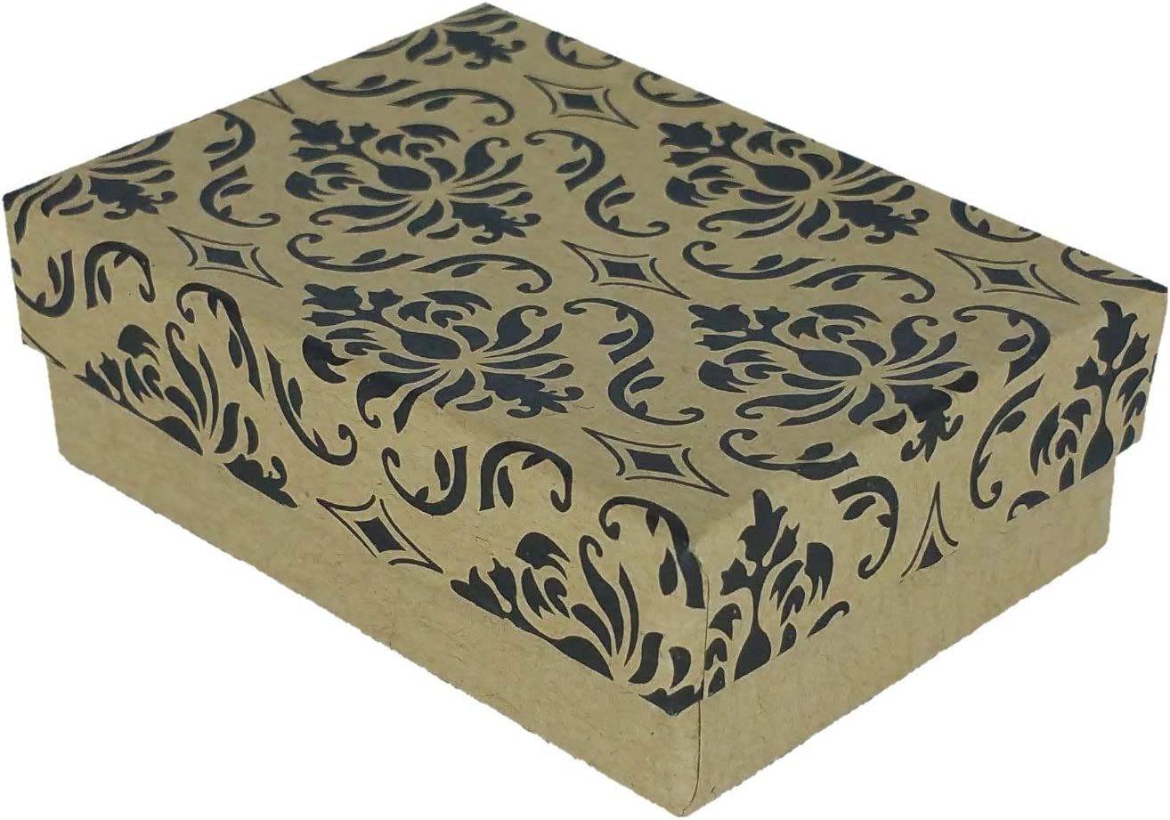 N'icePackaging - 100 Qty Kraft Damask Imported Cotton Filled Large Pendant Jewelry Boxes - for Large Pendants/Necklaces/Large Earrings & Homemade Keepsakes - 5 3/8" x 3 7/8" x 1"