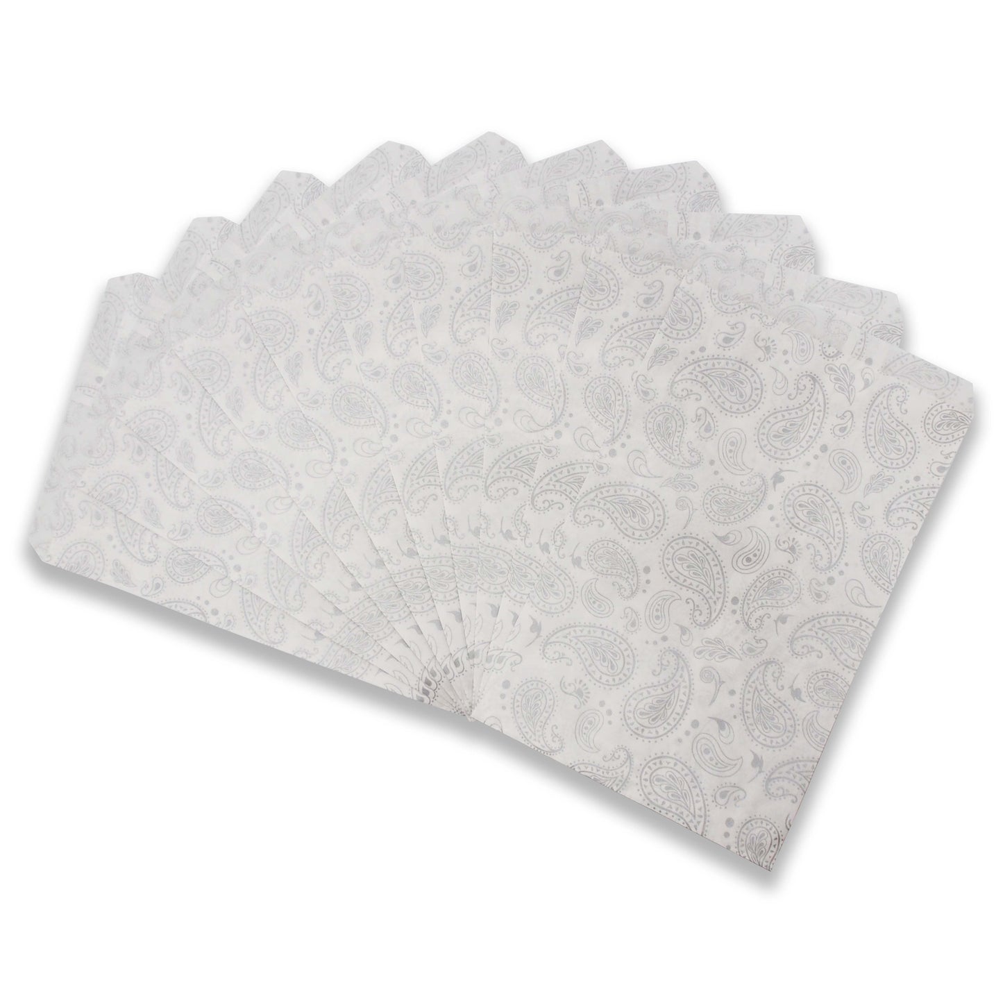 Fancy Silver Paisley Pattern on White Kraft Flat Gift Bags - For Sales/Treats/Parties Cookies/Gifts