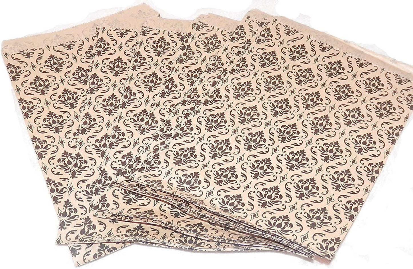 50 Bags Flat Plain Paper or Patterned Bags for candy, cookies, merchandise, pens, Party favors, Gift bags 5" x 7", Damask Print