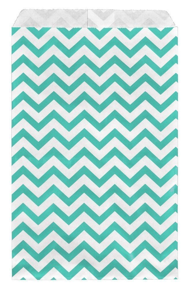 100 Bags Flat Plain Paper or Patterned Bags for Candy, Cookies, Merchandise, pens, Party Favors, Gift Bags (Teal, 5" x 7")