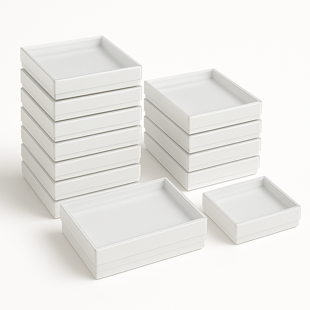 3 1/2" x 3 1/2" x 7/8" White-Swirl Cotton Filled Boxes with Plastic Clear Tops