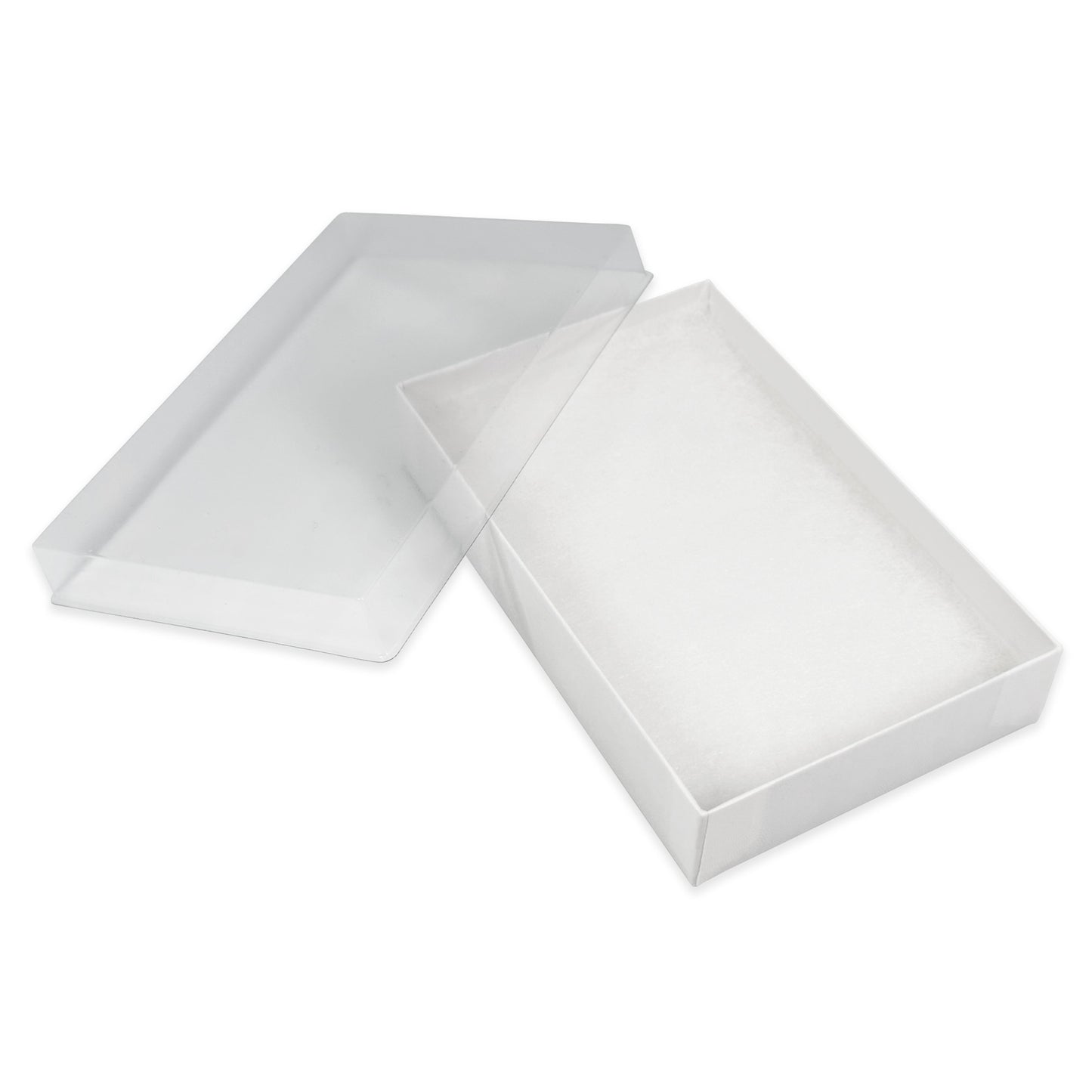 White-Swirl Cotton Filled Gift Boxes w/Clear Plastic Top - Size 5 7/16" x 3 1/2" x 1" - USA Made