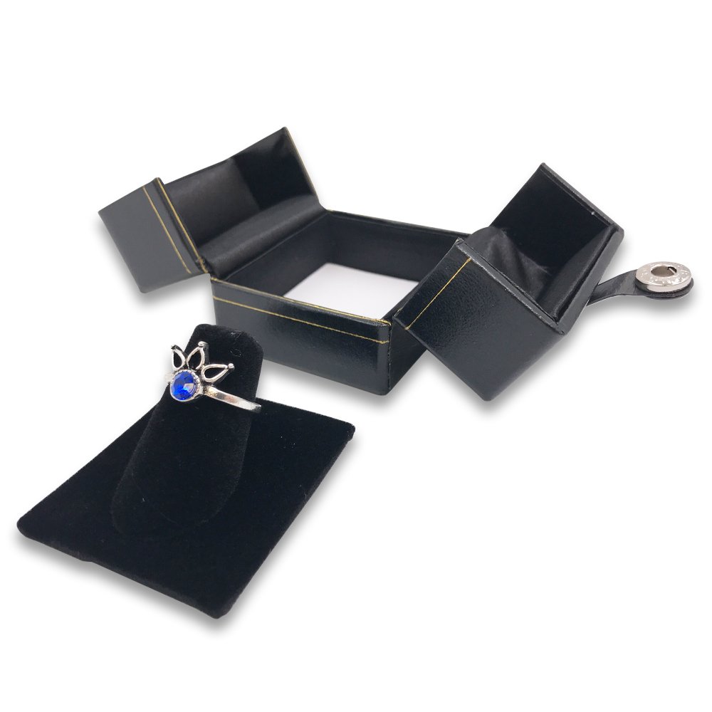 1 Qty - Deluxe 2-Door Midnight-Black Leatherette Ring Finger Jewelry Box with Snap-Tab closure and velvet insert