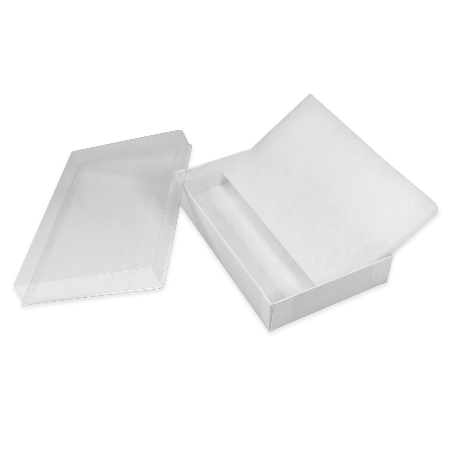 White-Swirl Cotton Filled Gift Boxes w/Clear Plastic Top - Size 5 7/16" x 3 1/2" x 1" - USA Made