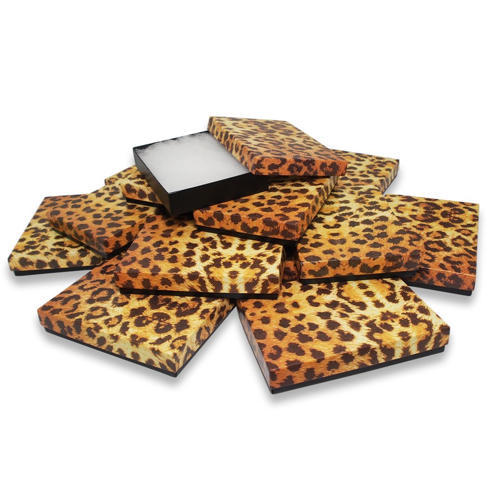 10 Qty Leopard Pattern Cotton Filled Large Pendant Jewelry Boxes - for Large Pendants/Necklaces/Large Earrings & Homemade Keepsakes - 5 3/8" x 3 7/8" x 1"