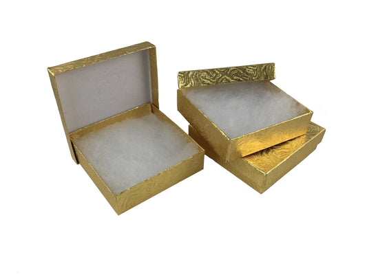 100 Qty Gold Swirl Imported Cotton Filled Bangle Jewelry Boxes - for Low Profile Bangles/Braclets/Small Watches & Large Earrings - 3 1/2" x 3 1/2" x 1"