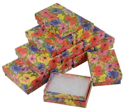 100 Qty Floral Pattern Imported Cotton Filled Pendant Jewelry Boxes - 3 1/4" x 2 1/4" x 1"