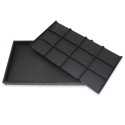 12 Compartment Black Leatherette Sorting Tray with Black Plastic Display Tray.  14.5" x 8.25" x 1"H