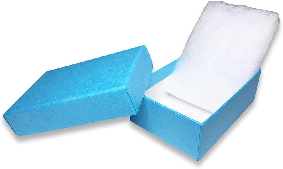 Made in the USA Light Blue Cotton Filled Gift Boxes - 2 7/16” x 1 5/8” x 13/16"