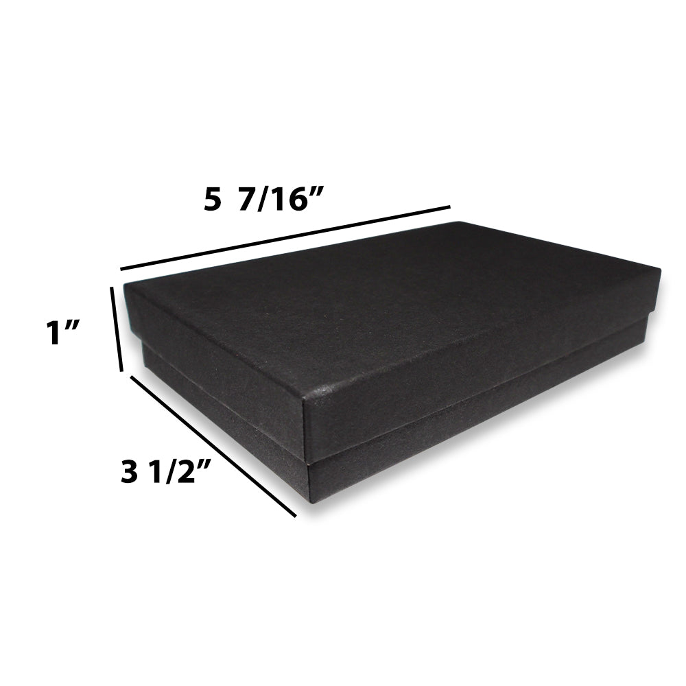 Matte black cotton filled box dimensions: 5 7/16" x 3 1/2" x 1"H