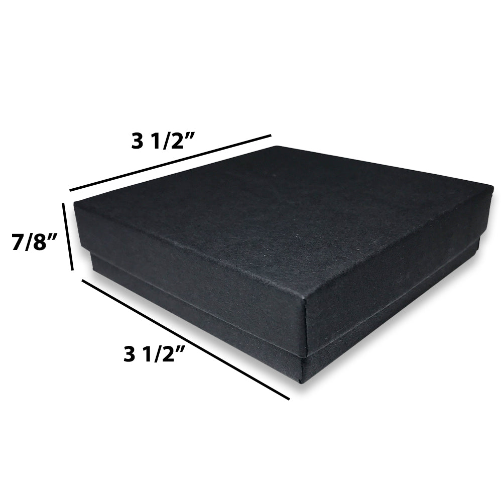 Matte black cotton filled box dimensions: 3 1/2" x 3 1/2" x 7/8"H