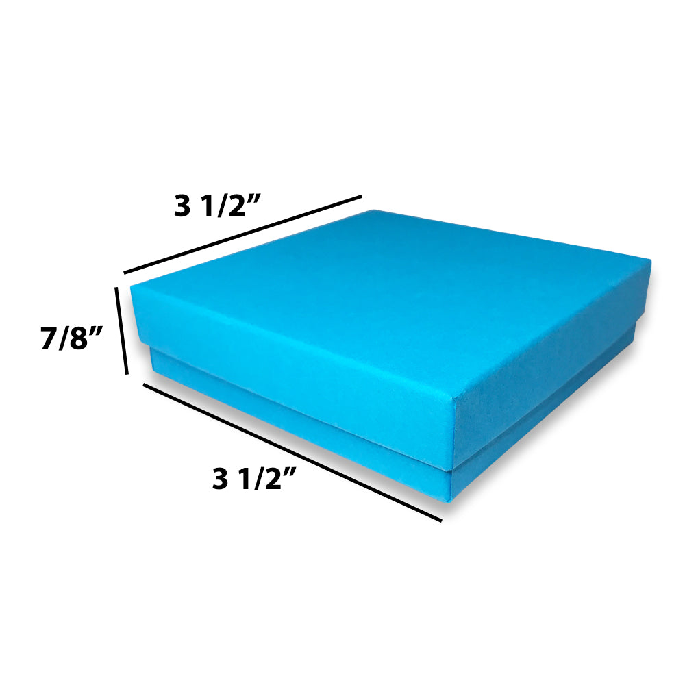 Light Blue Cotton Filled Box Dimensions: 3 1/2" x 3 1/2" x 7/8"H