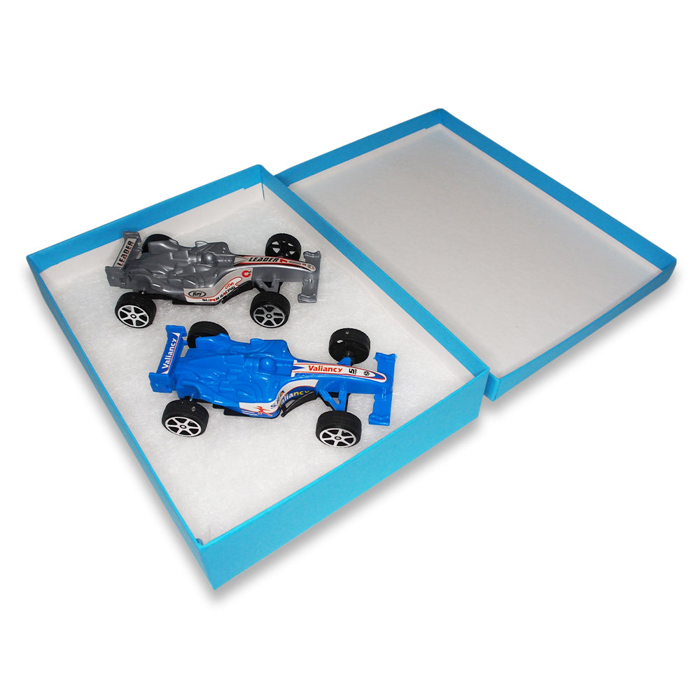 Light Blue Cotton Filled Boxes with matchbox cars inside box for display