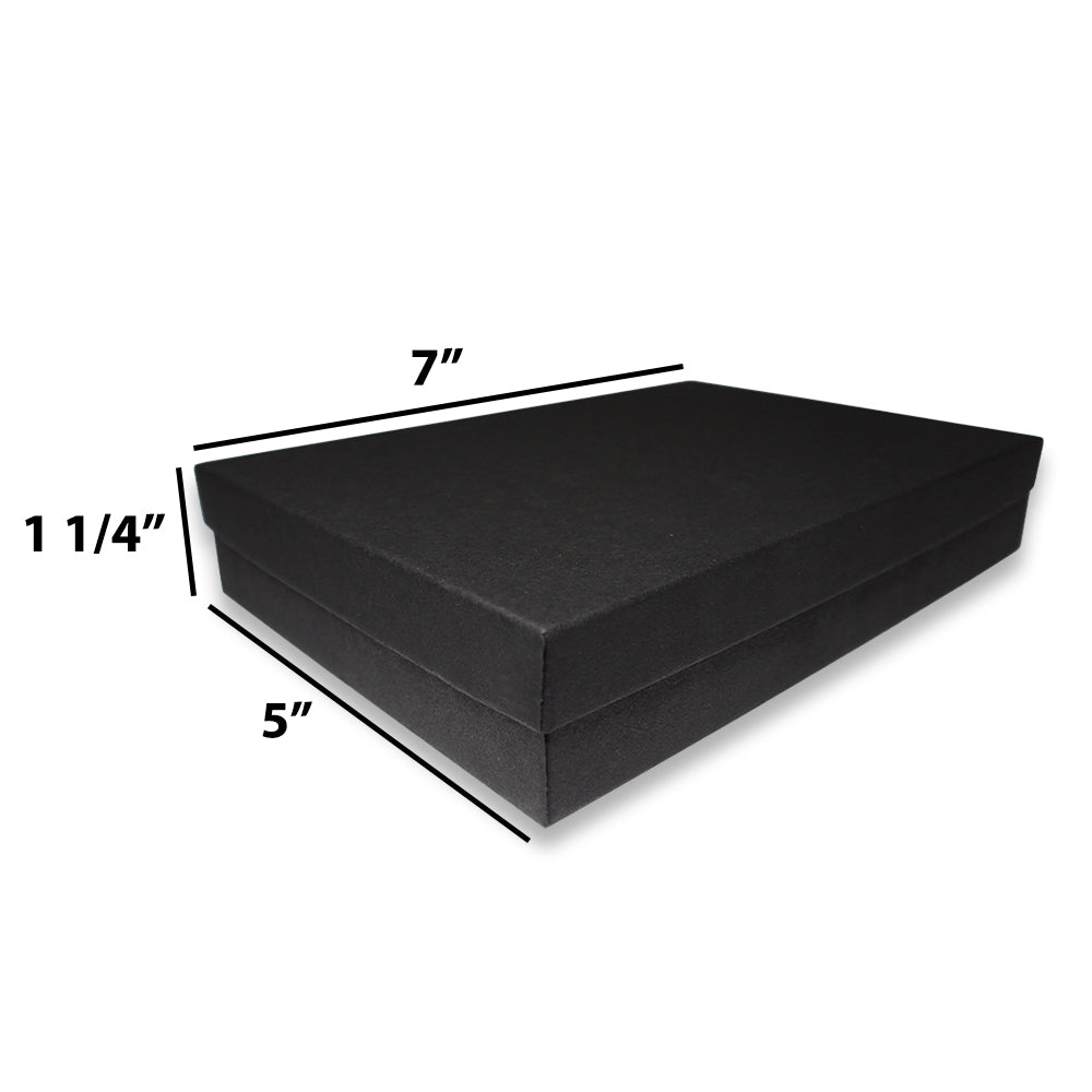 Matte black cotton filled box dimensions: 7" x 5" x 1 1/4"H