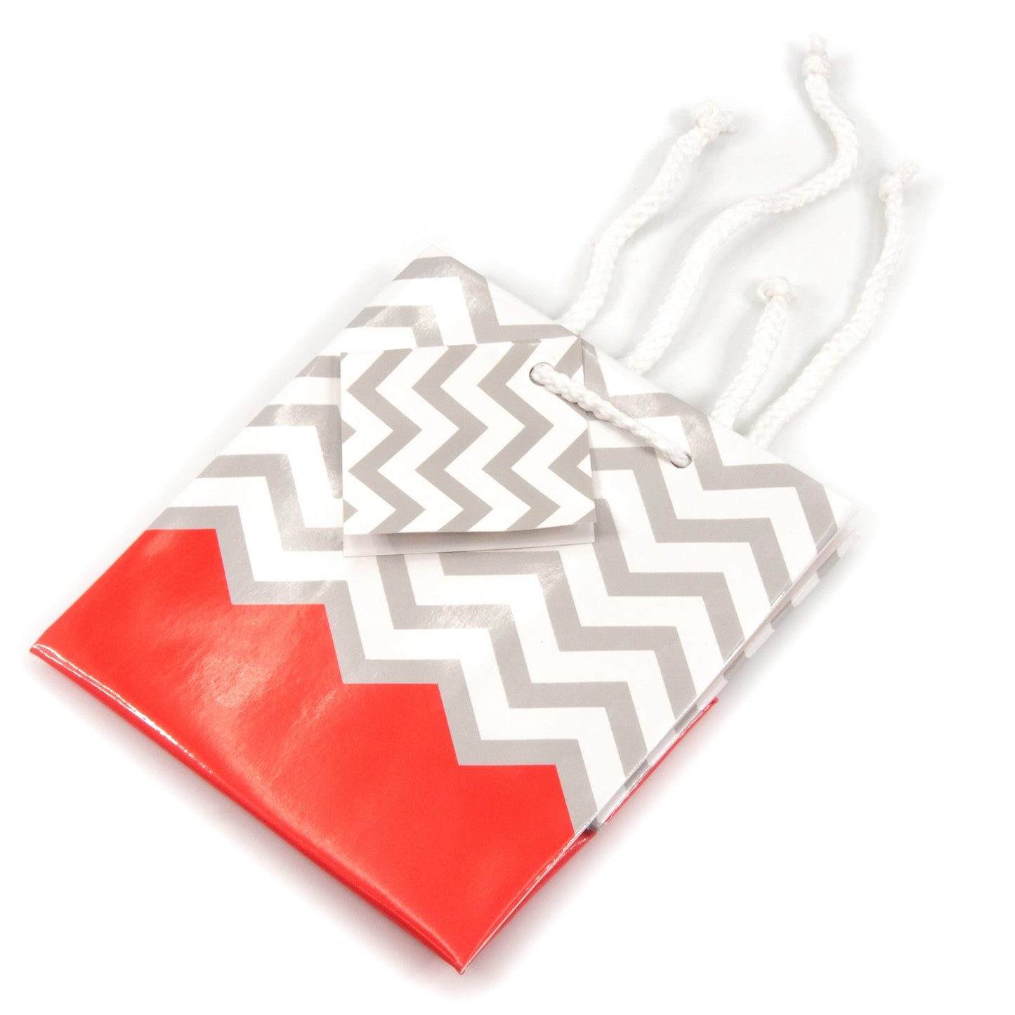 Coral Polka Dot / Chevron Glossy Tote Gift Bag - 4" x 2 3/4" x 4 1/2"H (10Bags/Pack)