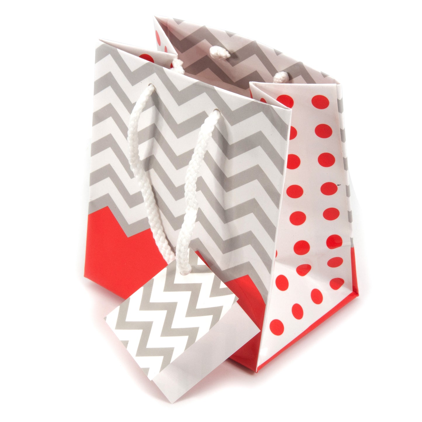 Coral Polka Dot / Chevron Glossy Tote Gift Bag - 4" x 2 3/4" x 4 1/2"H (10Bags/Pack)