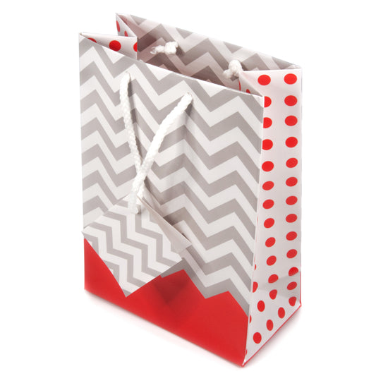 Coral Polka Dot / Chevron Glossy Tote Gift Bag - 4 3/4" x 2 1/2" x 6 3/4"H (10Bags/Pack)