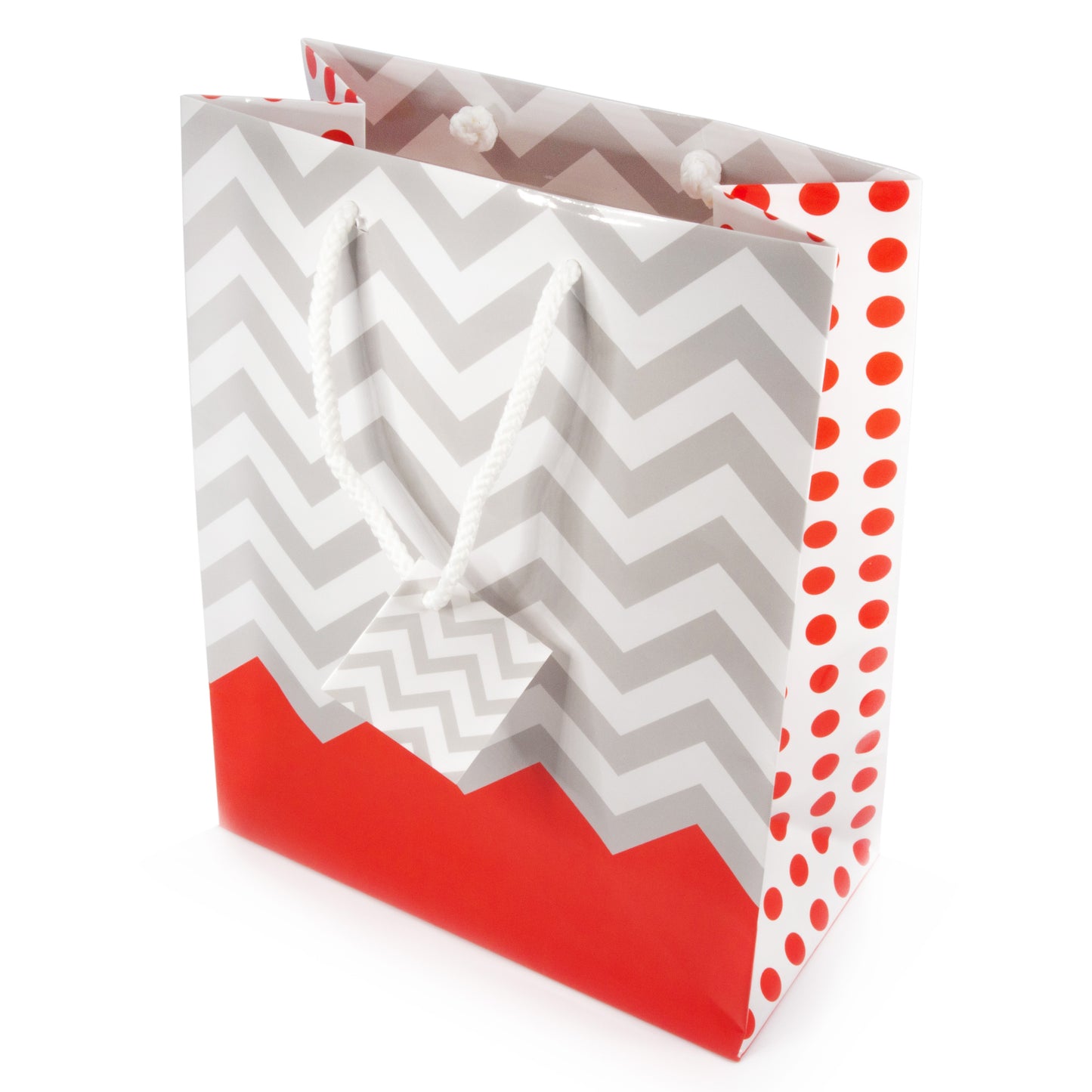 Coral Polka Dot / Chevron Glossy Tote Gift Bag - 8" x 5" x 10"H (10Bags/Pack)