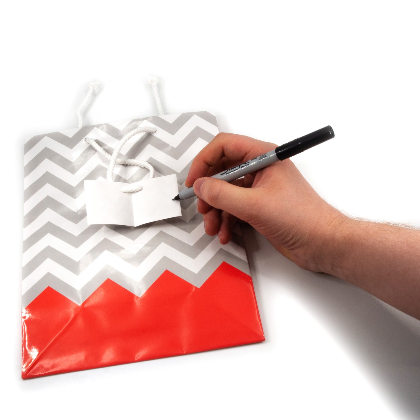 Coral Polka Dot / Chevron Glossy Tote Gift Bag - 8" x 5" x 10"H (10Bags/Pack)