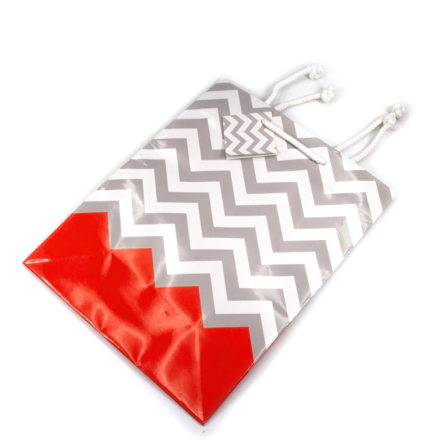 Coral Polka Dot / Chevron Glossy Tote Gift Bag - 8" x 5" x 10"H (10Bags/Pack)