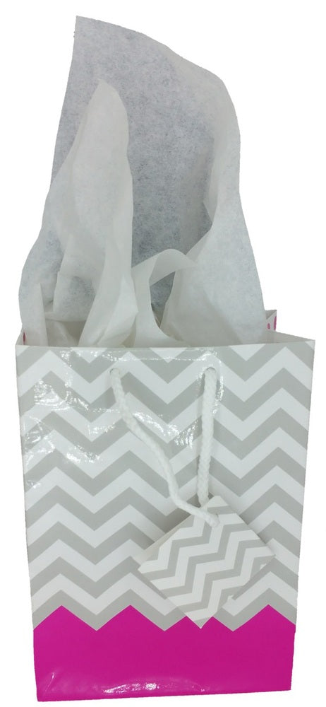 Pink Polka Dot / Chevron Glossy Tote Gift Bag - 4" x 2 3/4" x 4 1/2"H (10Bags/Pack)